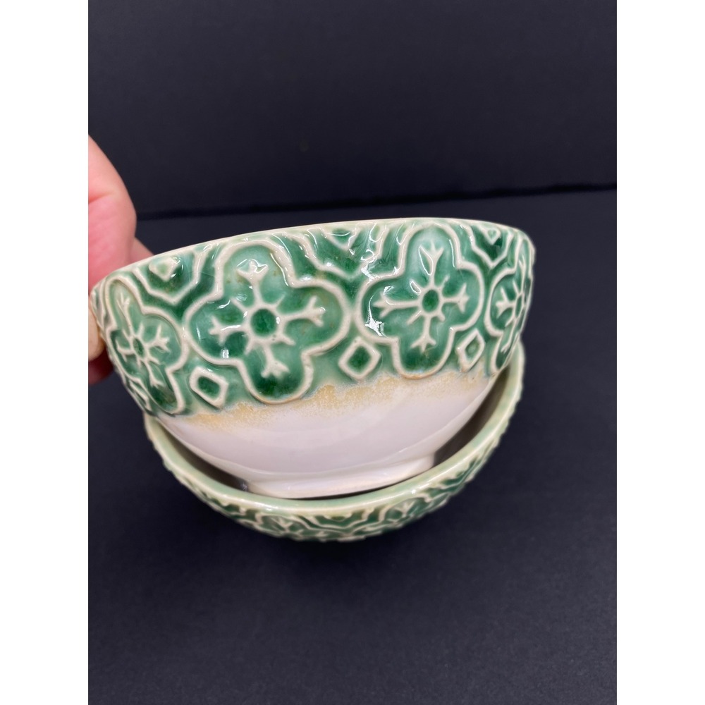 Pier 1 Imports Bowls Green Cream Embossed Small Set of 2 4in CRAZED 3013882